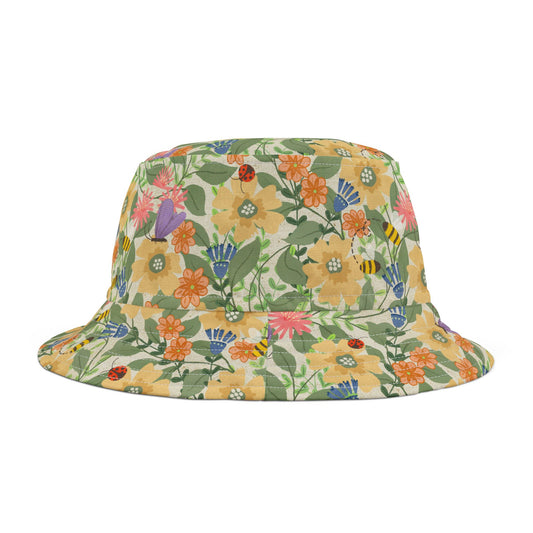 Floral-patterned bucket hat with insects on a light background.