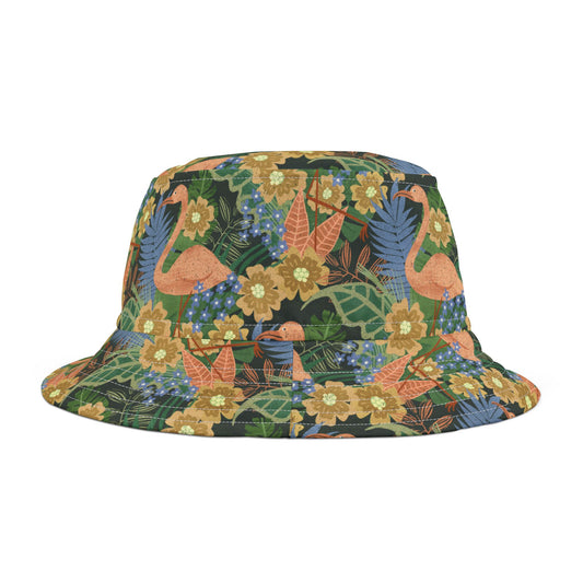 Fun patterned bucket hat with flamingos tropical foliage.
